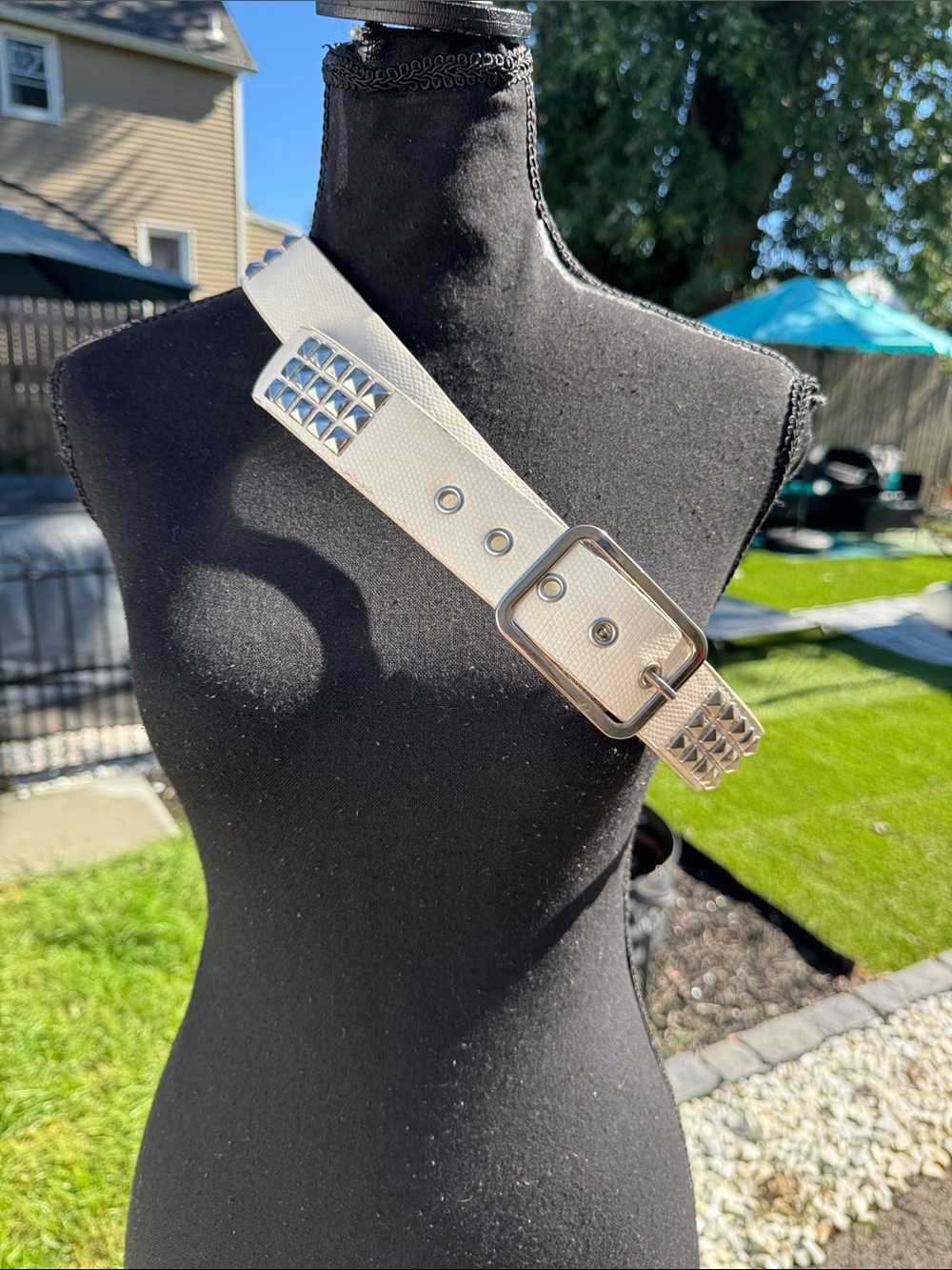 White Studded Leather Belt with Silver Buckle - Women Accessories
